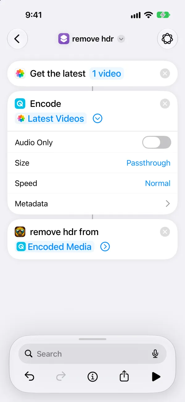 the finished shortcut: Get the latest 1 video, Encode Media on Passthrough, then remove hdr from Encoded Media.