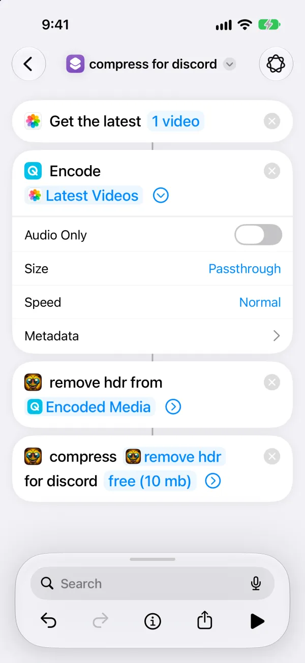 four steps: Get the latest 1 video, Encode Media, remove hdr from Encoded Media, then compress the remove hdr result for discord at free (10 mb).